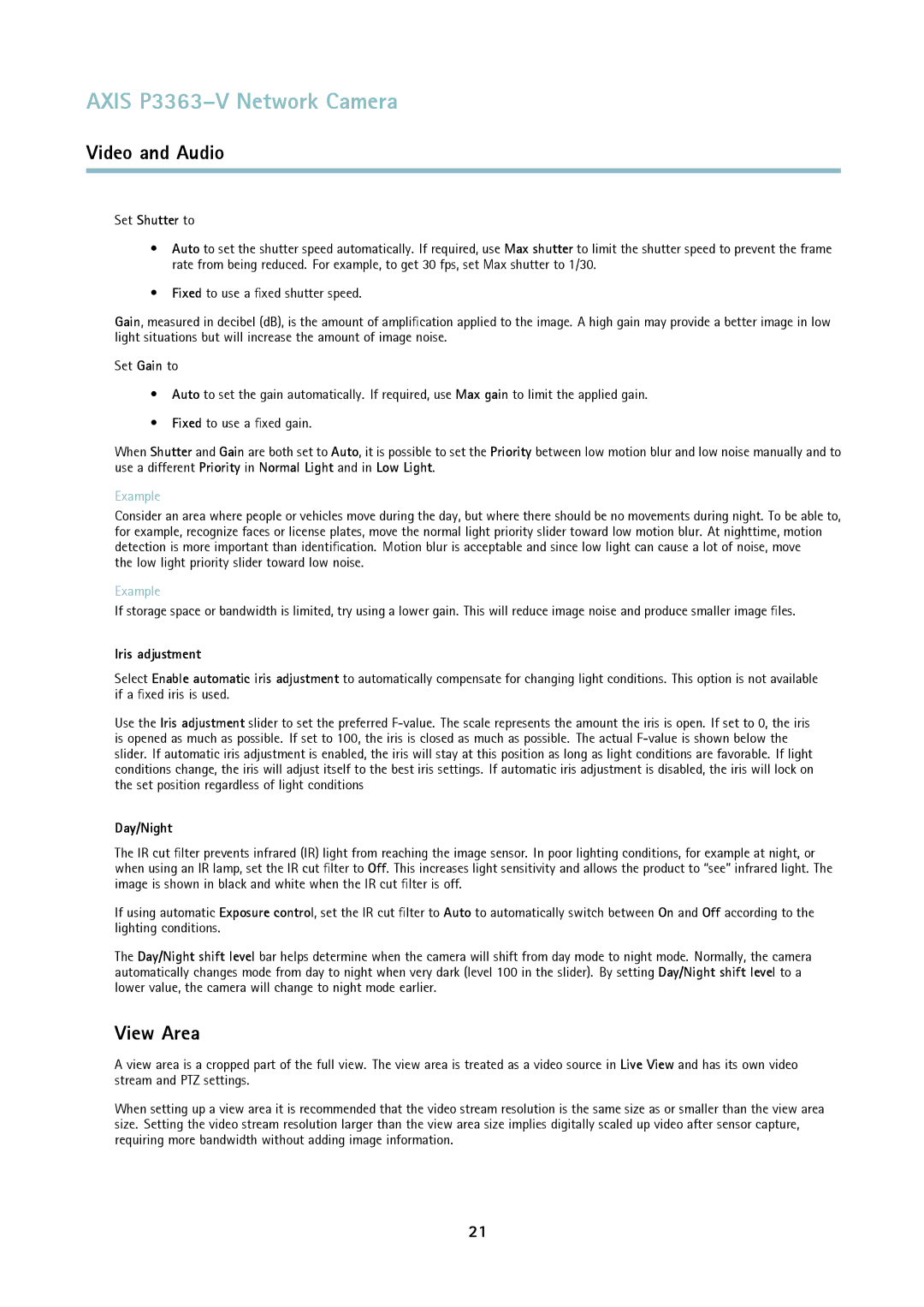 Axis Communications P3363-V user manual View Area, Set Shutter to, Iris adjustment, Day/Night 