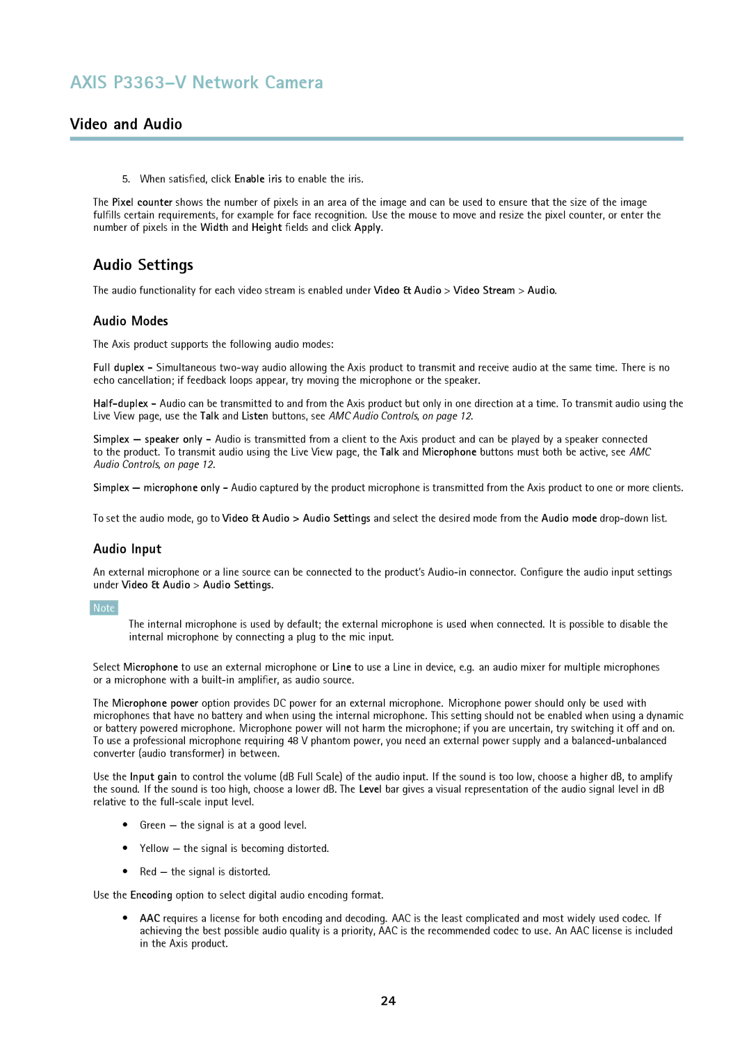 Axis Communications P3363-V user manual Audio Settings, Audio Modes, Audio Input 