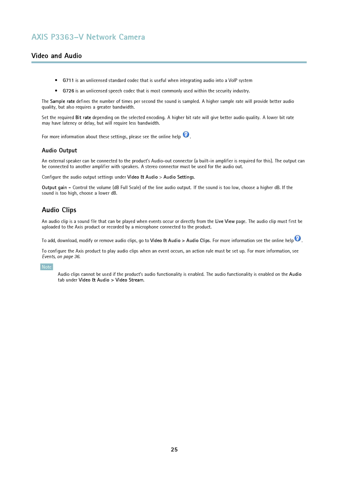 Axis Communications P3363-V user manual Audio Clips, Audio Output 