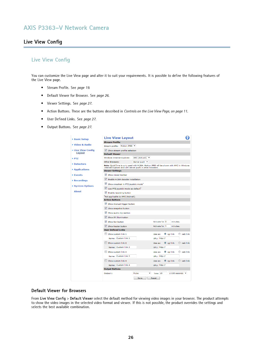 Axis Communications P3363-V user manual Live View Config, Default Viewer for Browsers 