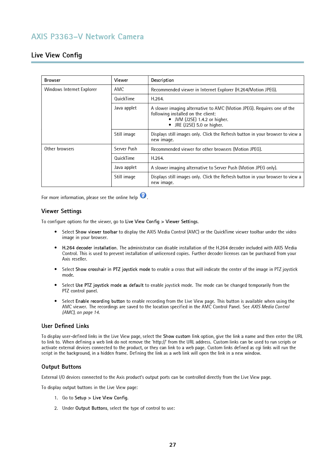 Axis Communications P3363-V user manual Viewer Settings, User Defined Links, Output Buttons, Browser Viewer Description 