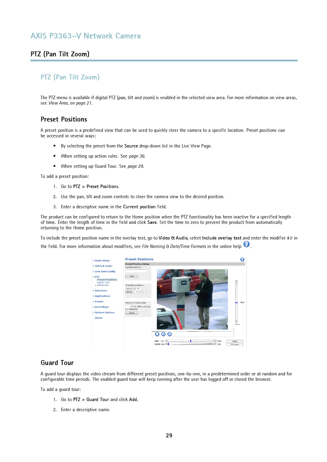 Axis Communications P3363-V user manual PTZ Pan Tilt Zoom, Preset Positions, Guard Tour 