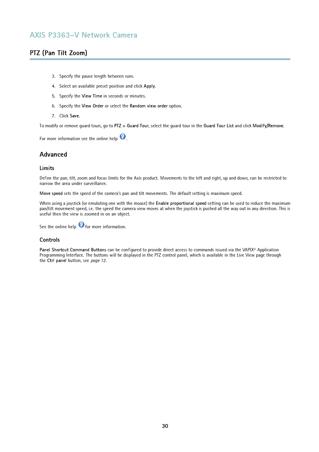 Axis Communications P3363-V user manual Advanced, Limits, Controls 