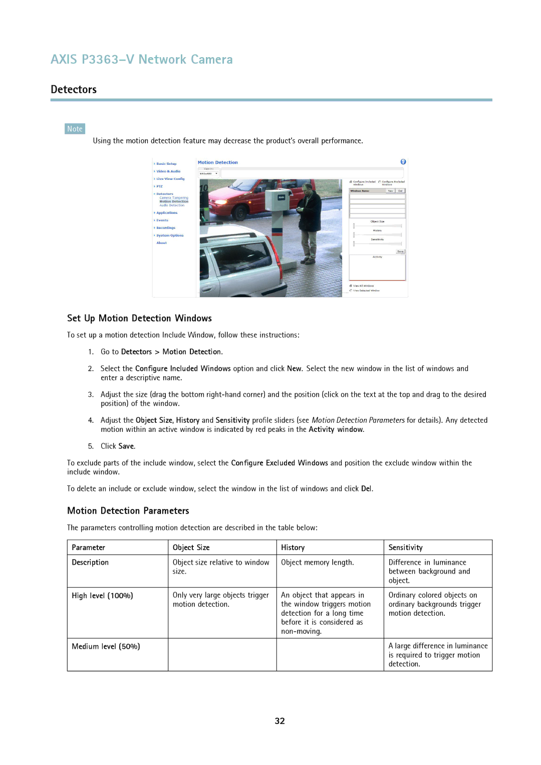 Axis Communications P3363-V user manual Set Up Motion Detection Windows, Motion Detection Parameters 