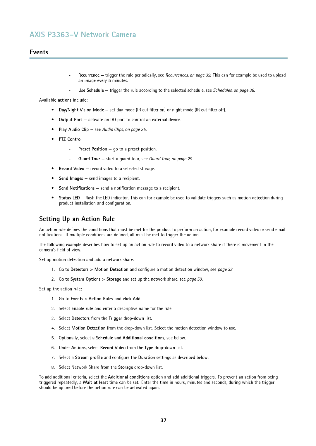 Axis Communications P3363-V user manual Setting Up an Action Rule, PTZ Control, Go to Events Action Rules and click Add 