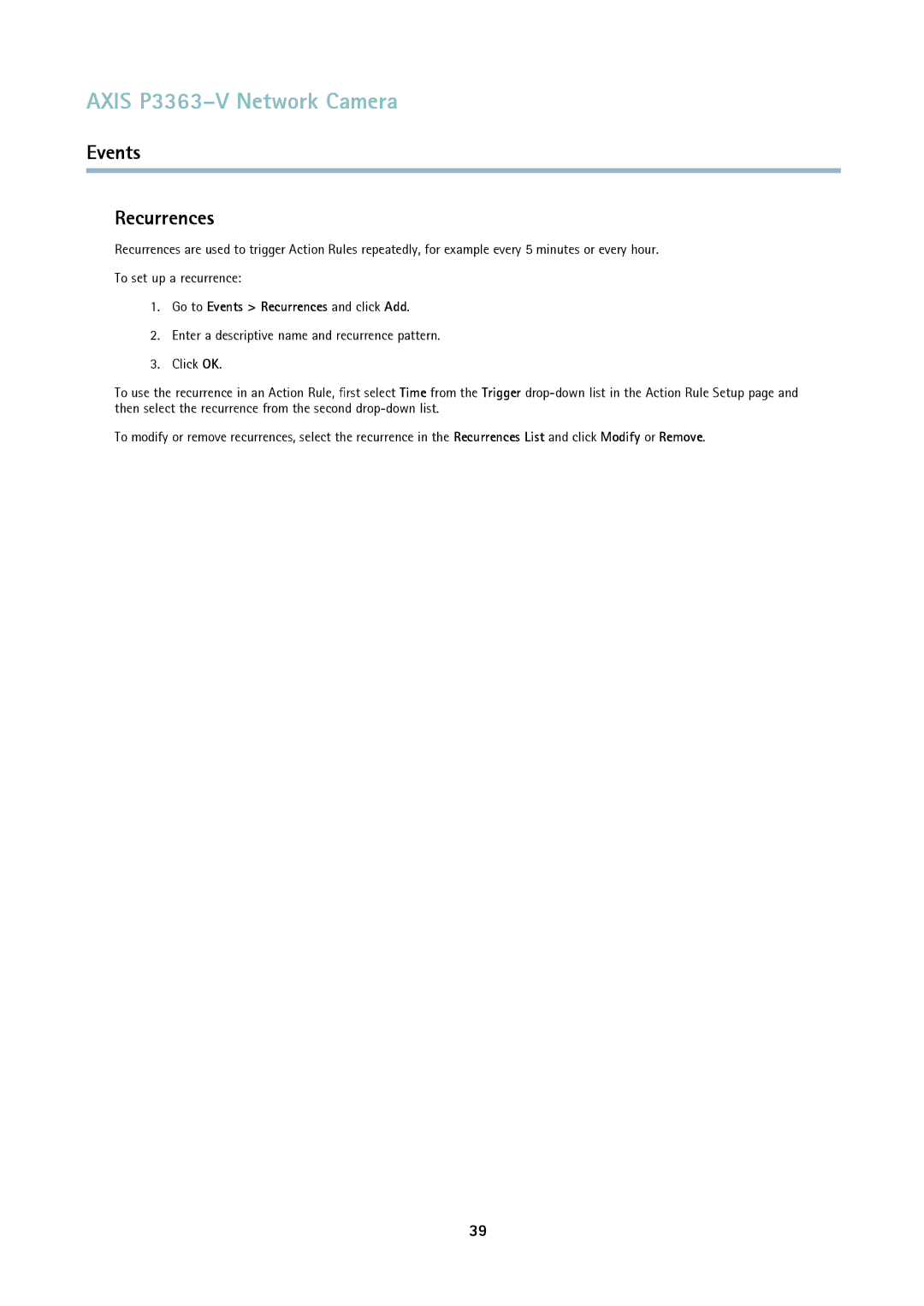 Axis Communications P3363-V user manual Go to Events Recurrences and click Add 