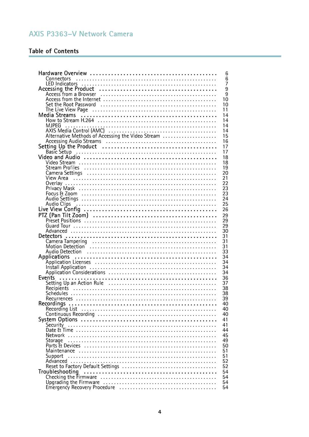 Axis Communications user manual Axis P3363-V Network Camera, Table of Contents 