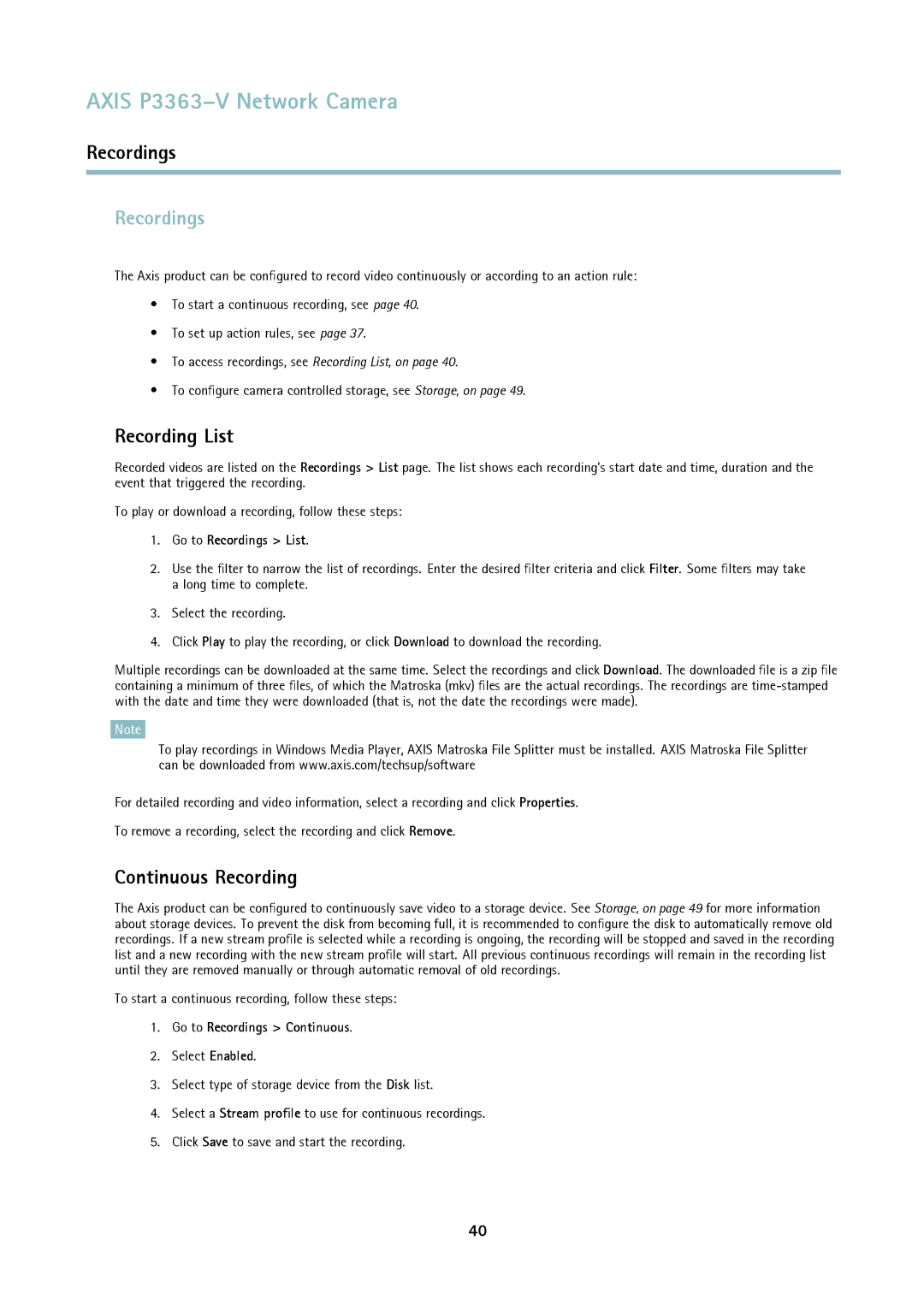 Axis Communications P3363-V user manual Recordings, Recording List, Continuous Recording 