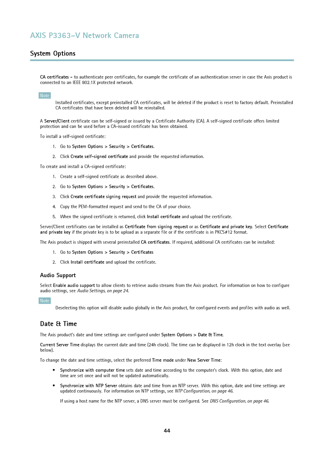 Axis Communications P3363-V user manual Date & Time, Audio Support, Go to System Options Security Certificates 