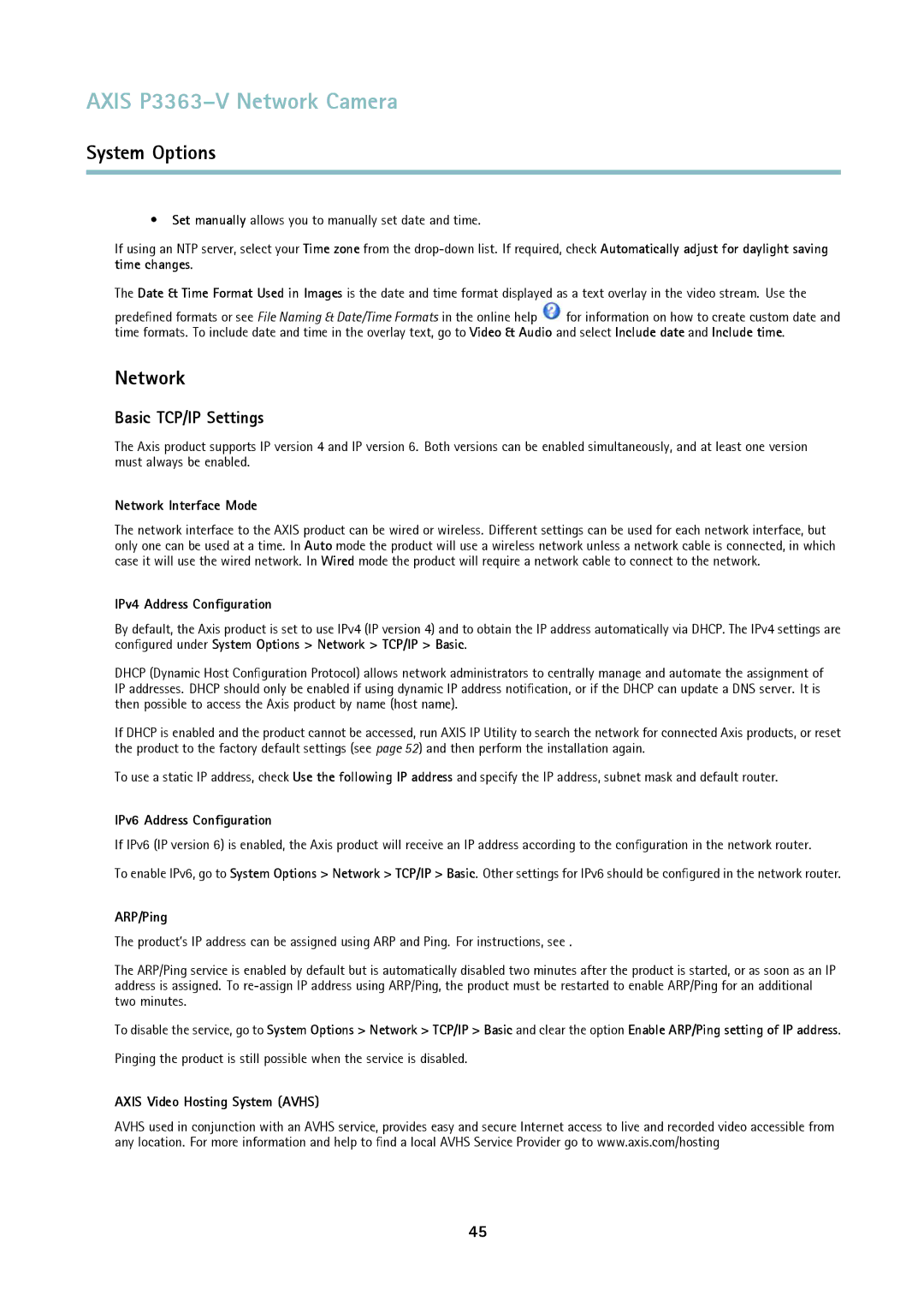 Axis Communications P3363-V user manual Network, Basic TCP/IP Settings 