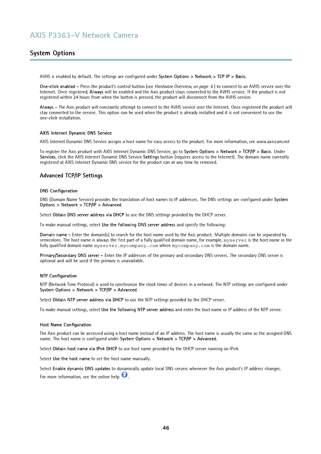 Axis Communications P3363-V user manual Advanced TCP/IP Settings, Axis Internet Dynamic DNS Service, DNS Configuration 