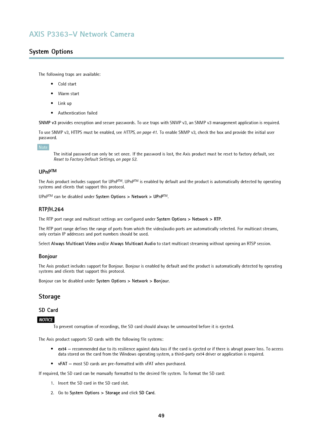 Axis Communications P3363-V user manual Storage, UPnPTM, RTP/H.264, Bonjour, SD Card 