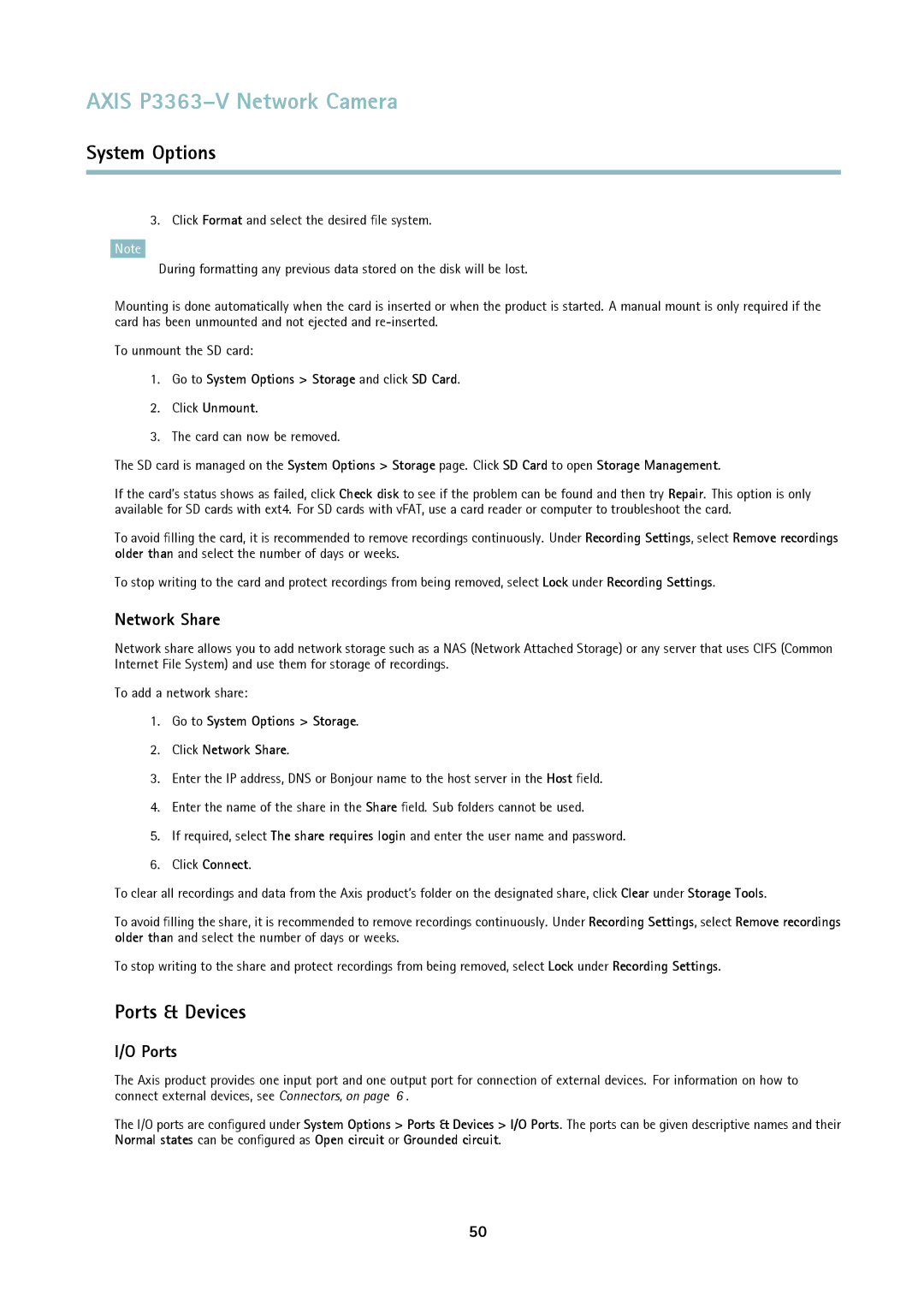 Axis Communications P3363-V user manual Ports & Devices, Go to System Options Storage Click Network Share 