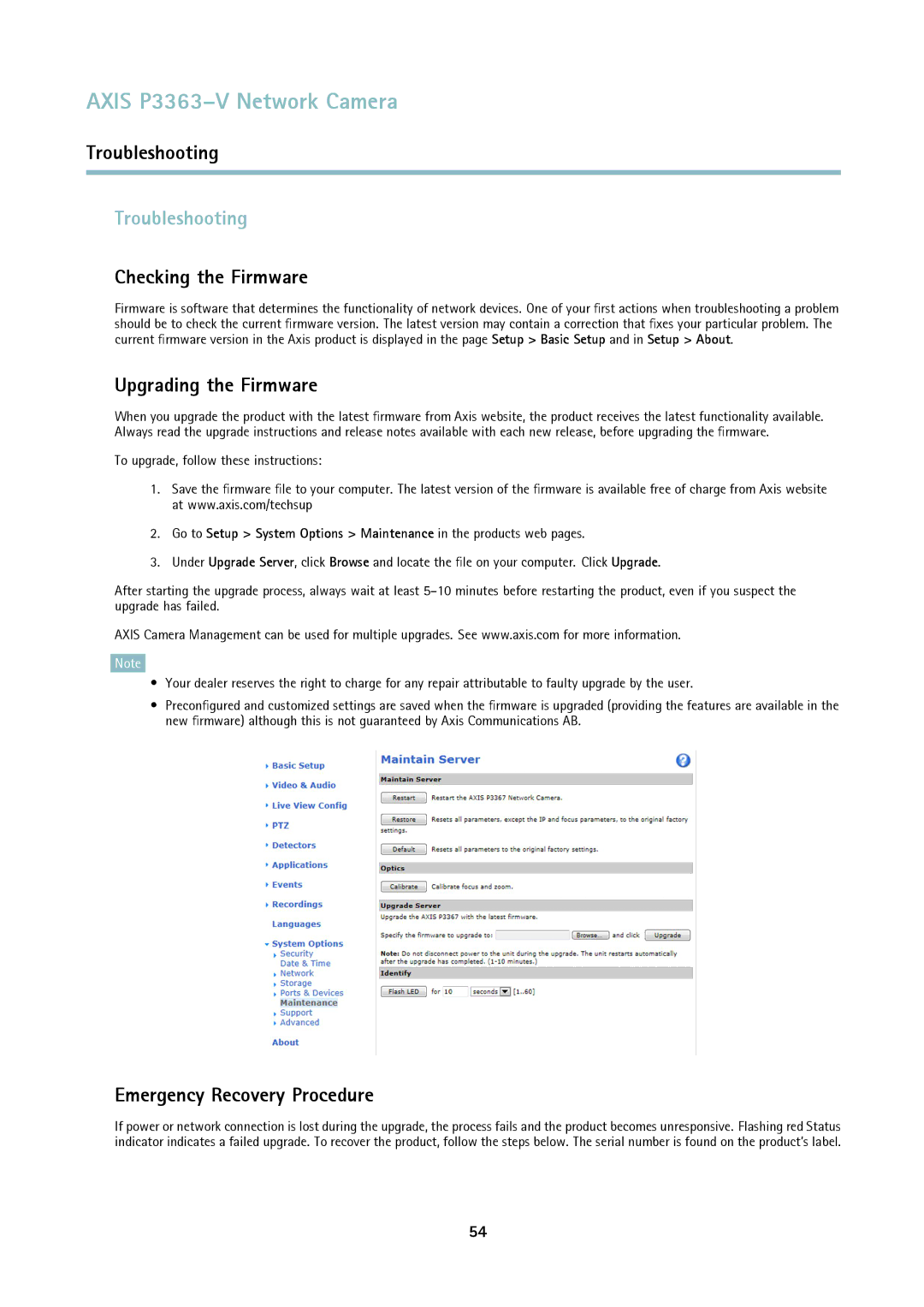 Axis Communications P3363-V Troubleshooting, Checking the Firmware, Upgrading the Firmware, Emergency Recovery Procedure 