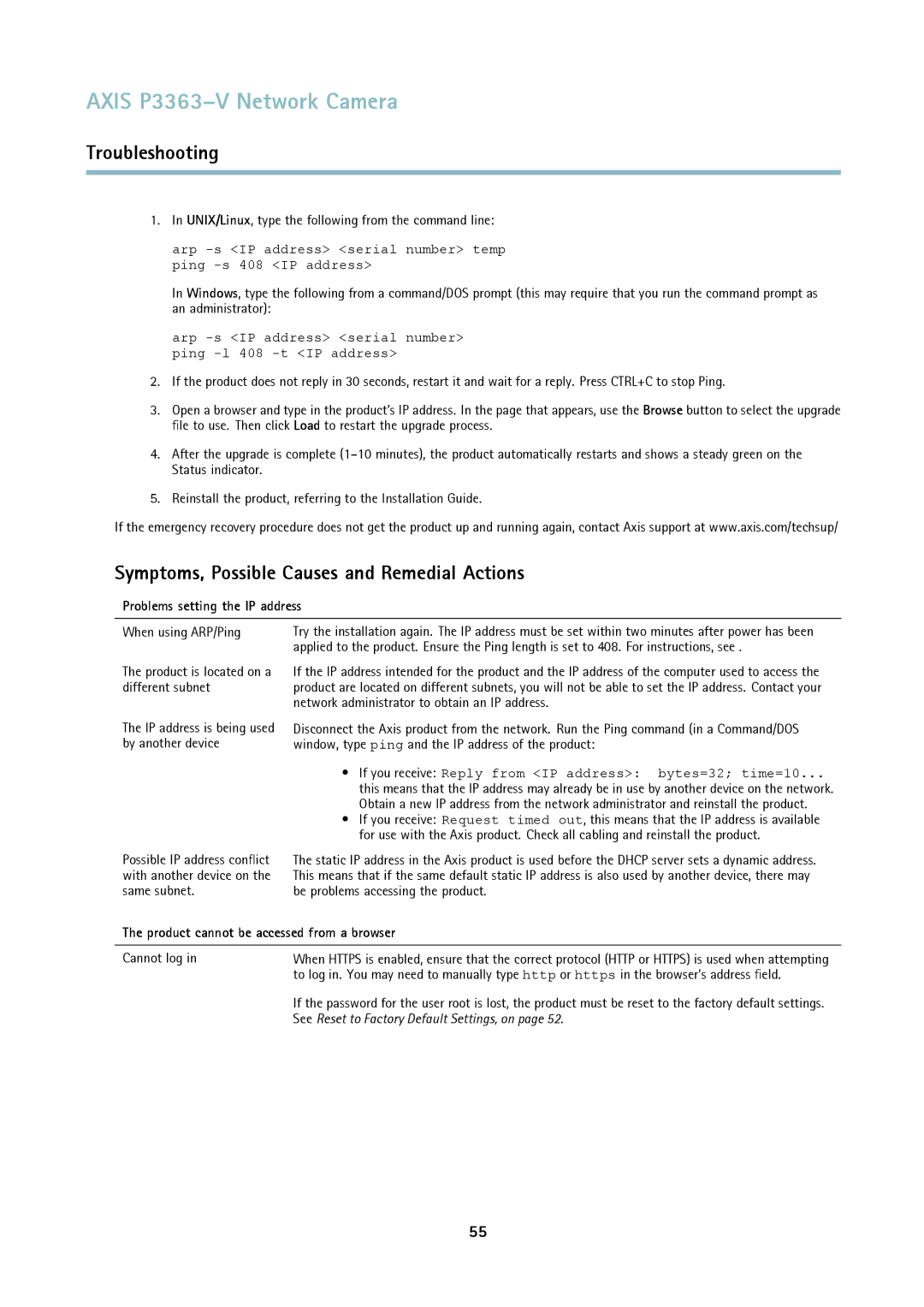 Axis Communications P3363-V user manual Symptoms, Possible Causes and Remedial Actions, Problems setting the IP address 