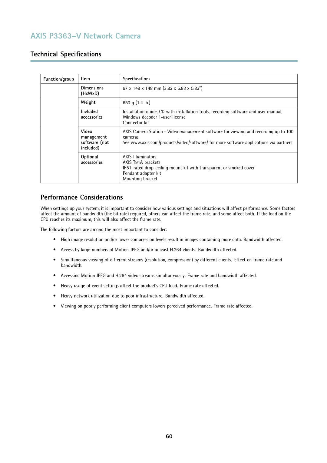 Axis Communications P3363-V user manual Performance Considerations 