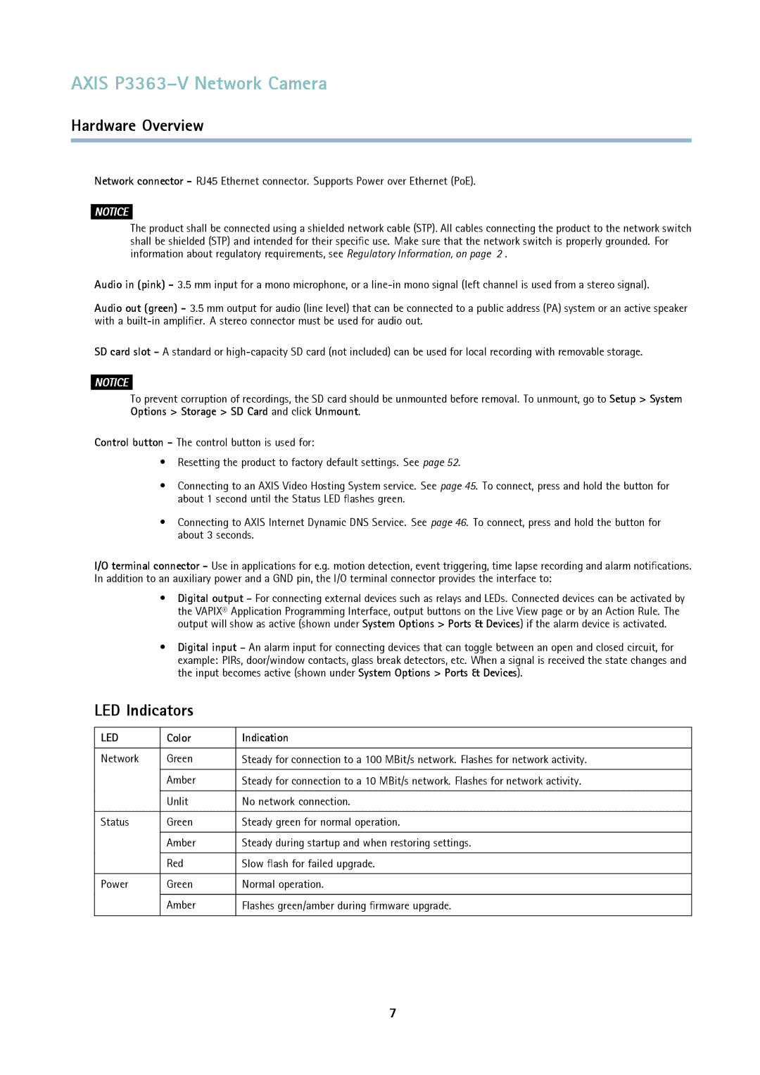 Axis Communications P3363-V user manual LED Indicators, Color Indication 