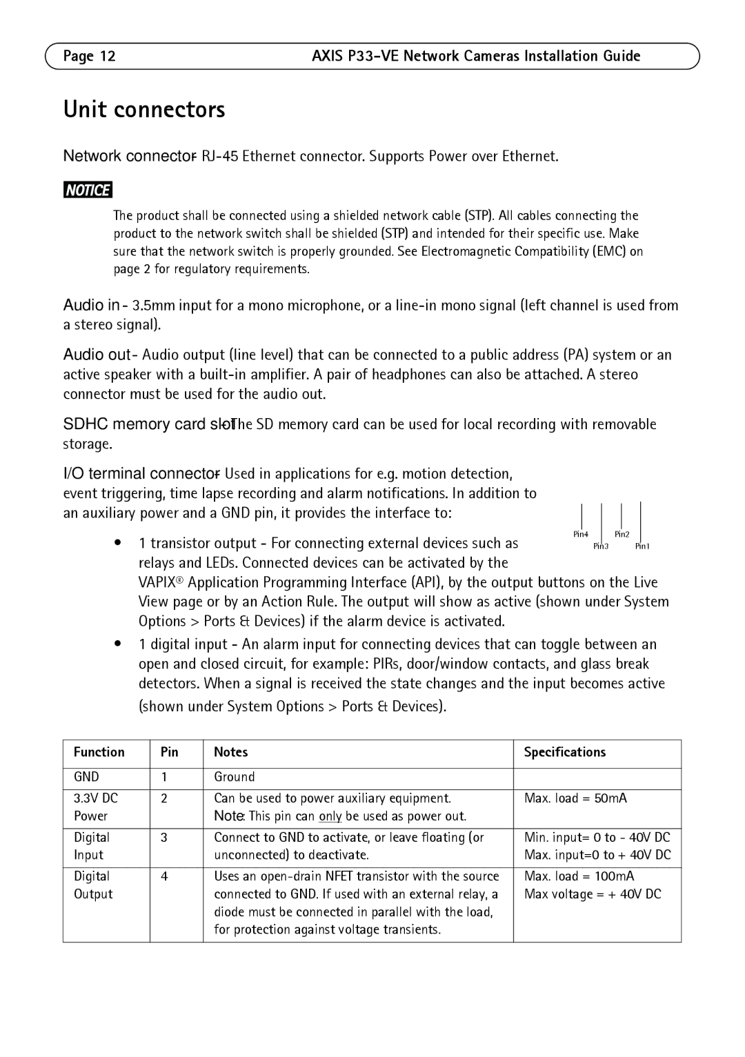 Axis Communications P3363-VE, P3364-LVE, P3364-VE manual Unit connectors, Function Pin Specifications 