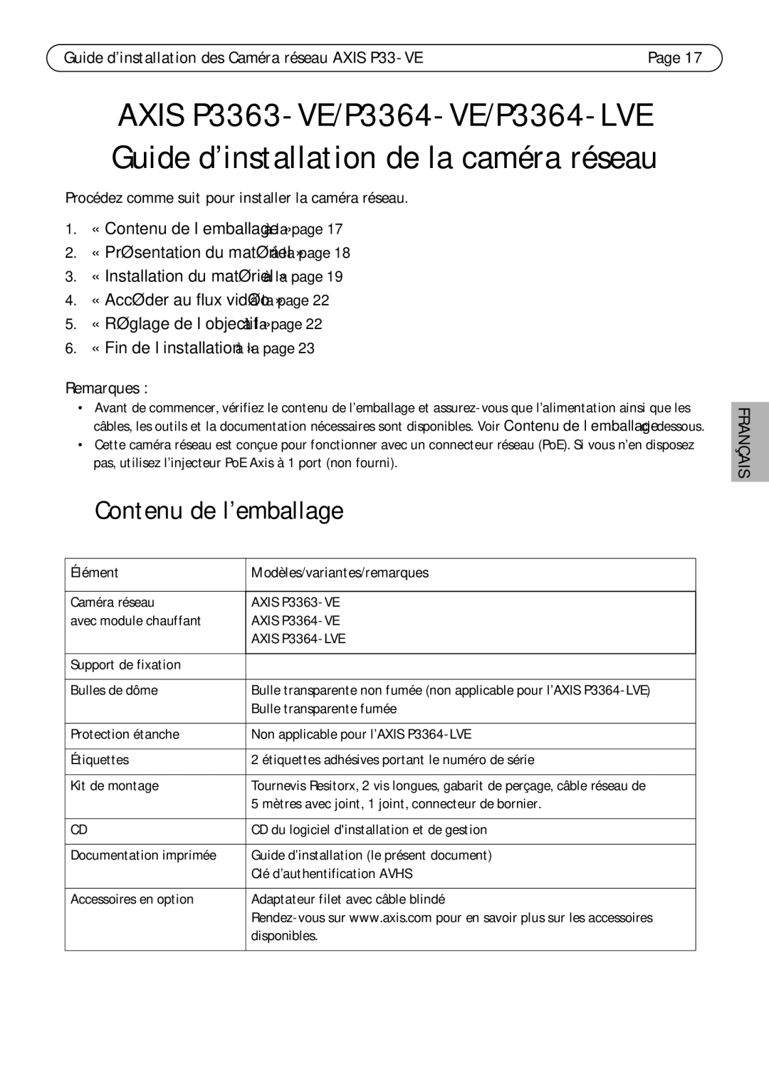 Axis Communications P3364-VE, P3363-VE, P3364-LVE manual Contenu de l’emballage, Élément Modèles/variantes/remarques 