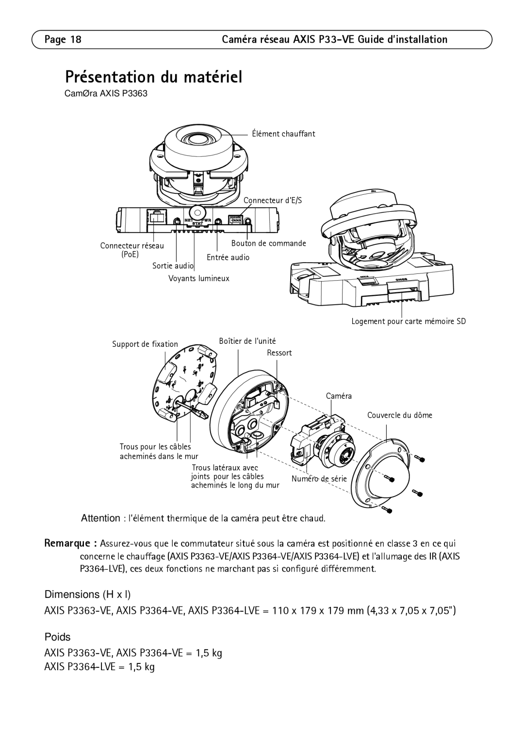 Axis Communications P3363-VE, P3364-LVE, P3364-VE manual Présentation du matériel, Dimensions H x l, Poids 