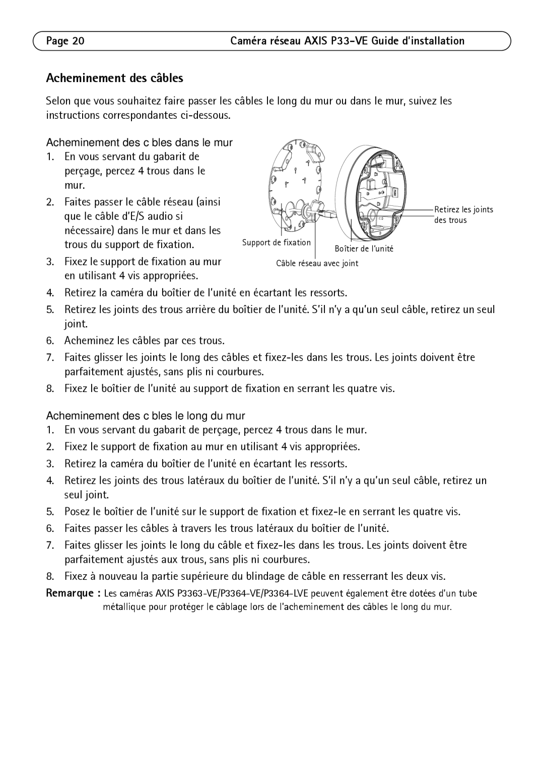 Axis Communications P3364-VE, P3363-VE, P3364-LVE manual Acheminement des câbles le long du mur 