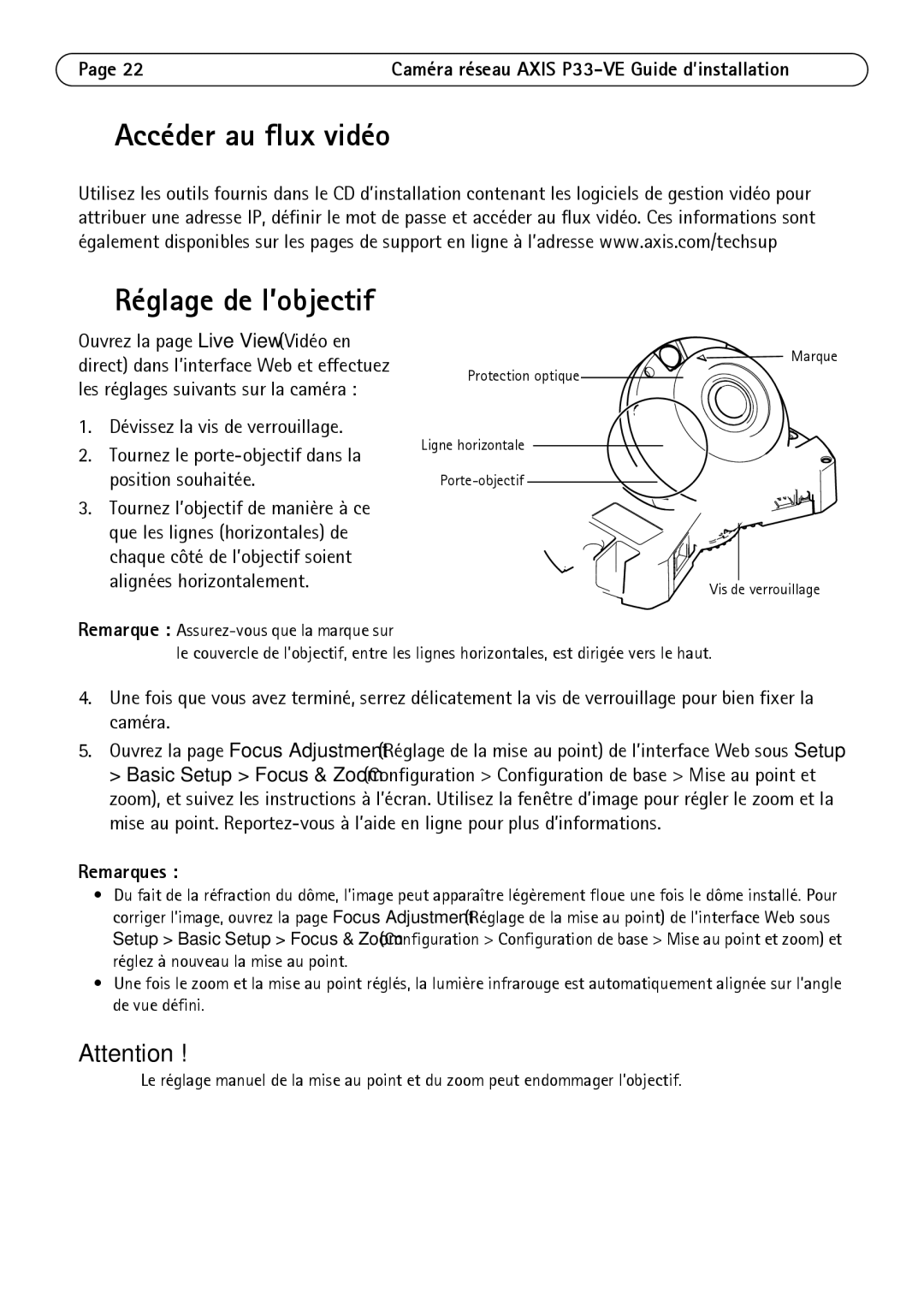 Axis Communications P3364-LVE, P3363-VE, P3364-VE manual Accéder au flux vidéo Réglage de l’objectif 