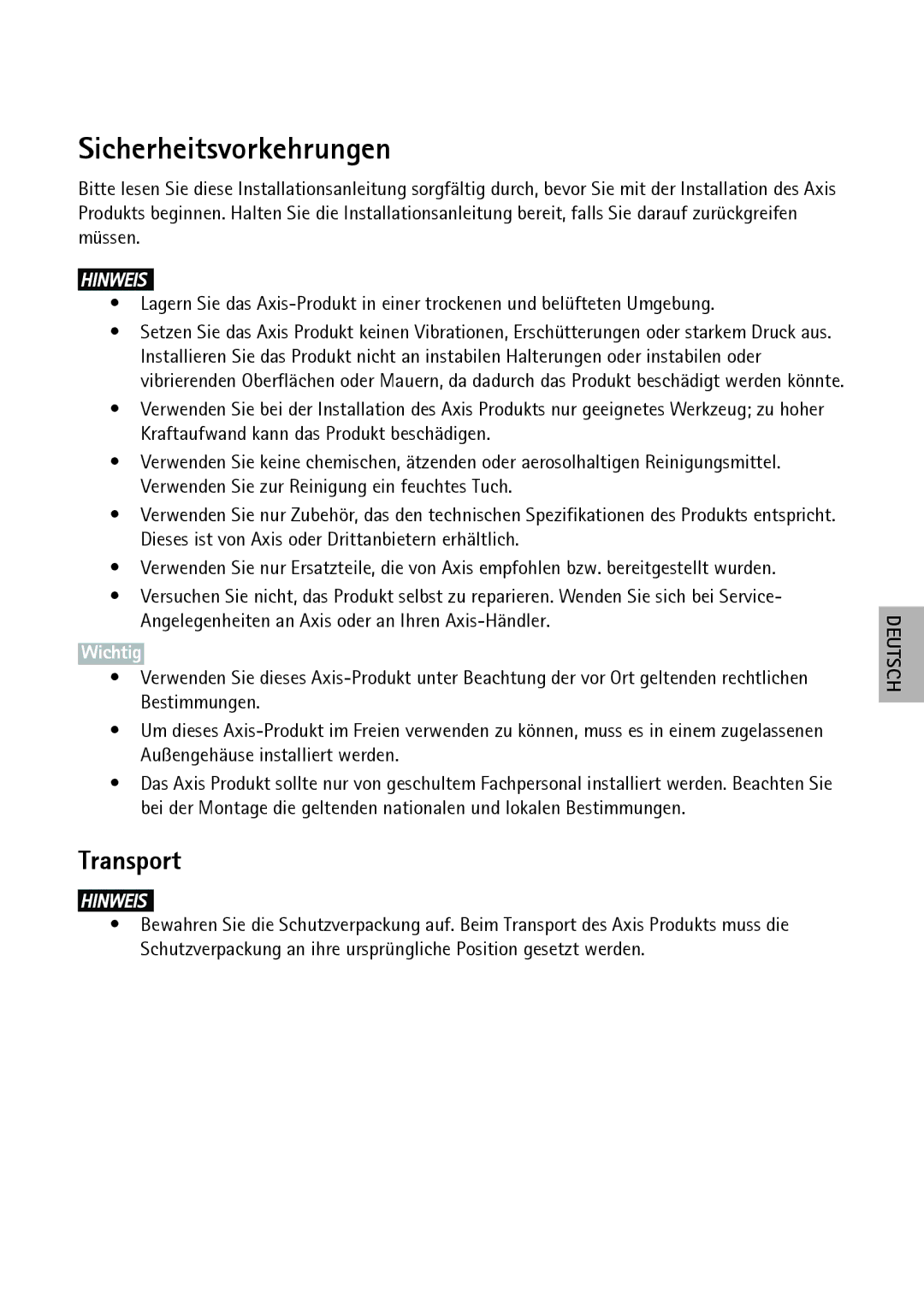 Axis Communications P3363-VE, P3364-LVE, P3364-VE manual Sicherheitsvorkehrungen, Transport 