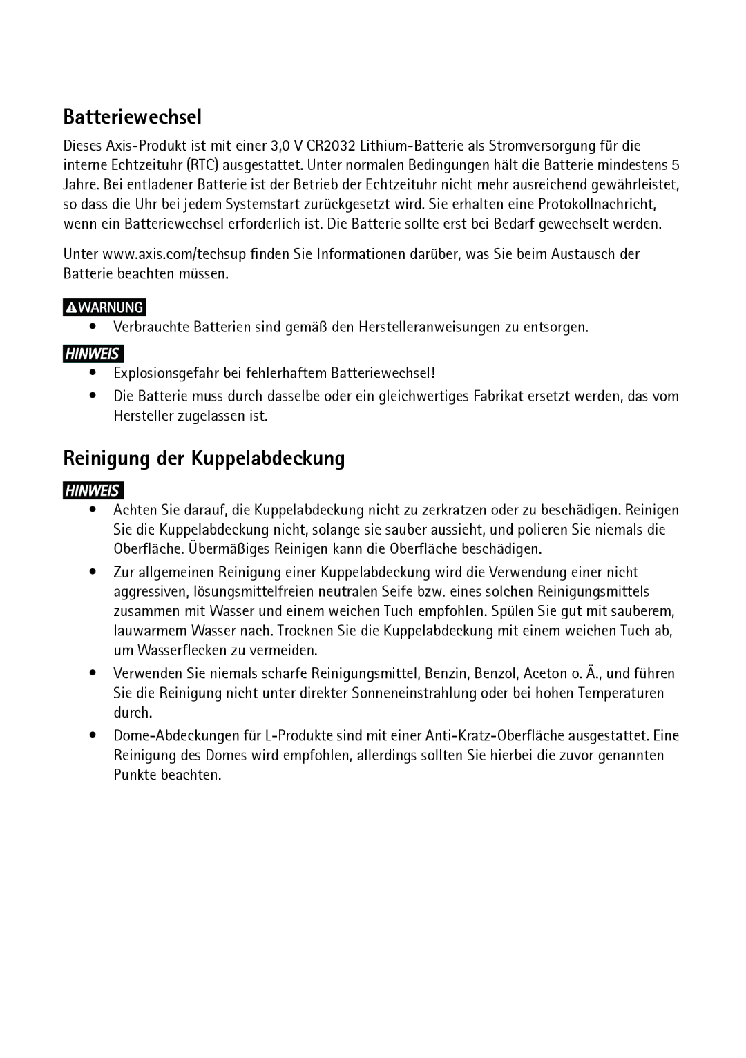 Axis Communications P3364-LVE, P3363-VE, P3364-VE manual Batteriewechsel, Reinigung der Kuppelabdeckung 