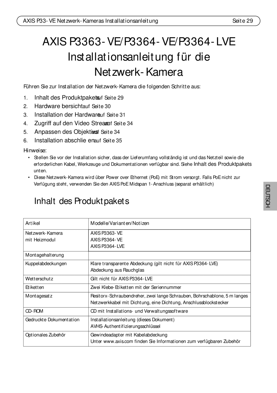 Axis Communications P3364-VE, P3363-VE, P3364-LVE manual Inhalt des Produktpakets, Artikel Modelle/Varianten/Notizen 