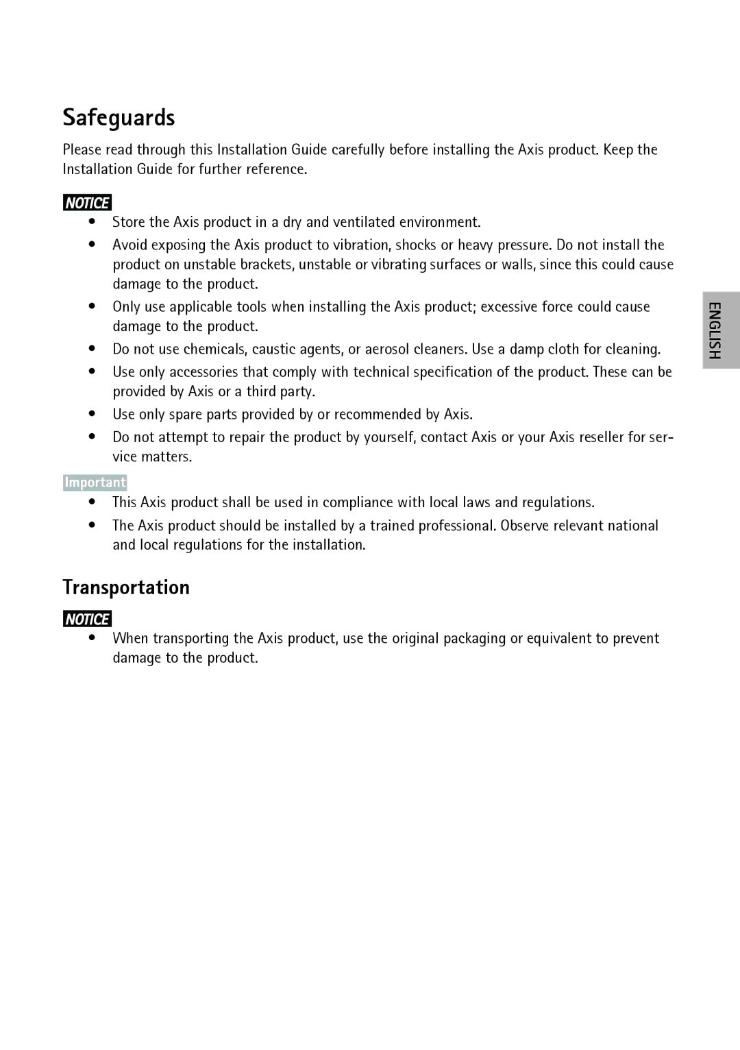 Axis Communications P3363-VE, P3364-LVE, P3364-VE manual Safeguards, Transportation 