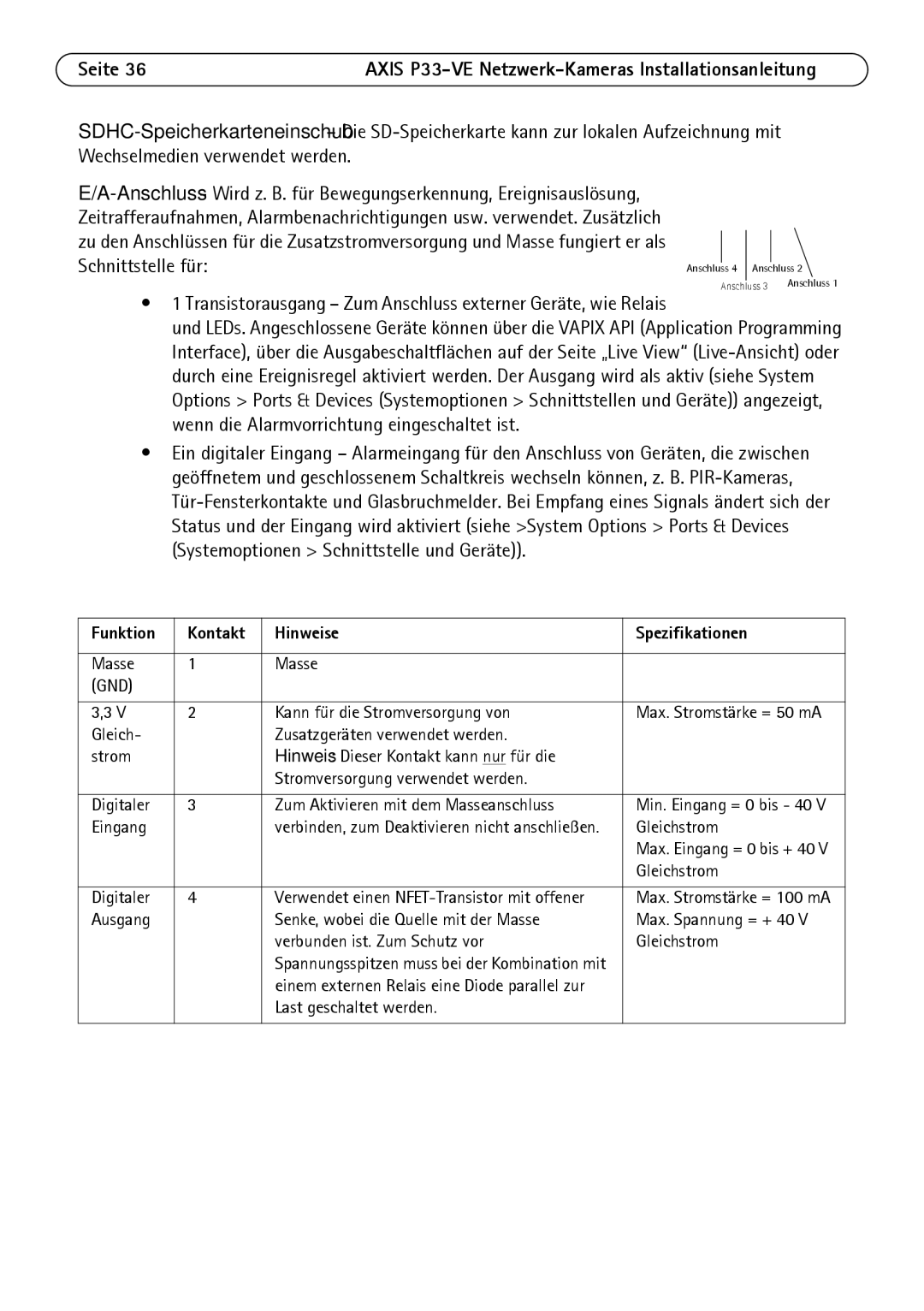 Axis Communications P3363-VE, P3364-LVE, P3364-VE manual Transistorausgang Zum Anschluss externer Geräte, wie Relais 