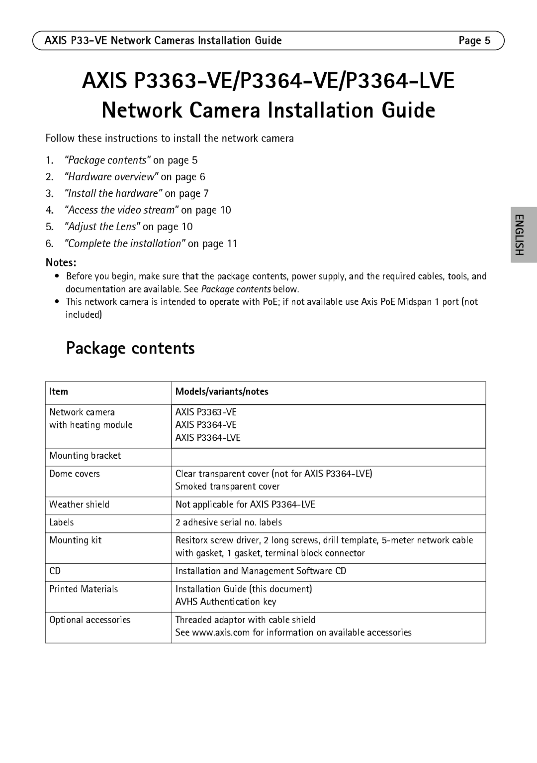 Axis Communications P3364-VE, P3363-VE, P3364-LVE manual Package contents 