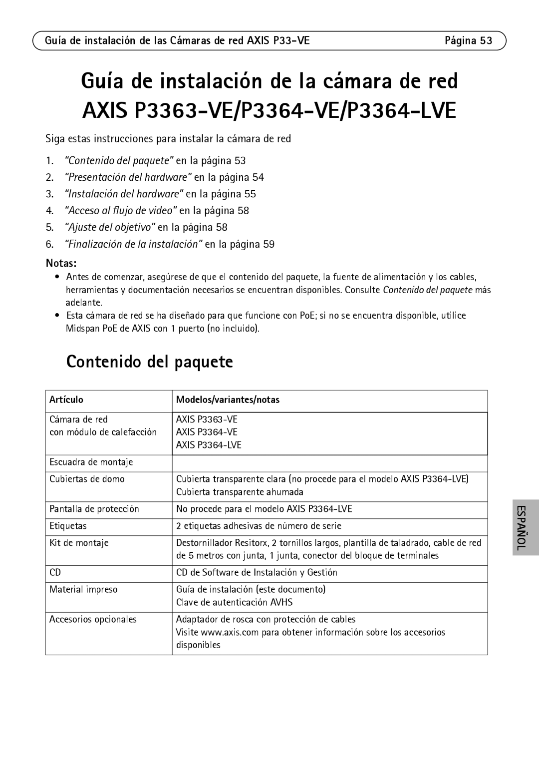 Axis Communications P3364-VE, P3363-VE, P3364-LVE manual Contenido del paquete, Artículo Modelos/variantes/notas 