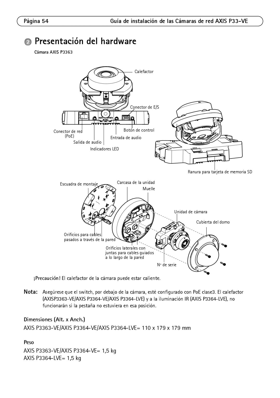 Axis Communications P3363-VE, P3364-LVE, P3364-VE manual Presentación del hardware, Dimensiones Alt. x Anch 