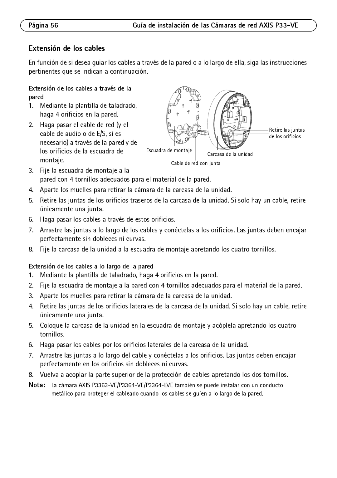 Axis Communications P3364-VE, P3363-VE, P3364-LVE manual Extensión de los cables a través de la pared 