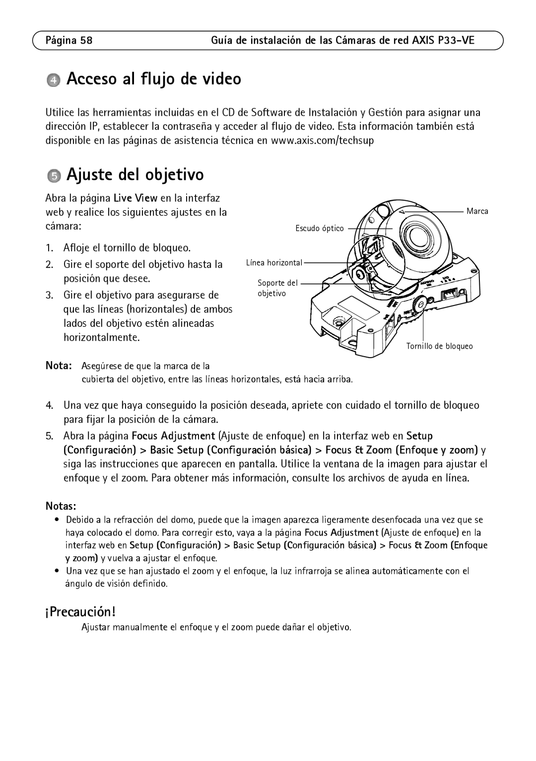 Axis Communications P3364-LVE, P3363-VE, P3364-VE manual Acceso al flujo de video Ajuste del objetivo 