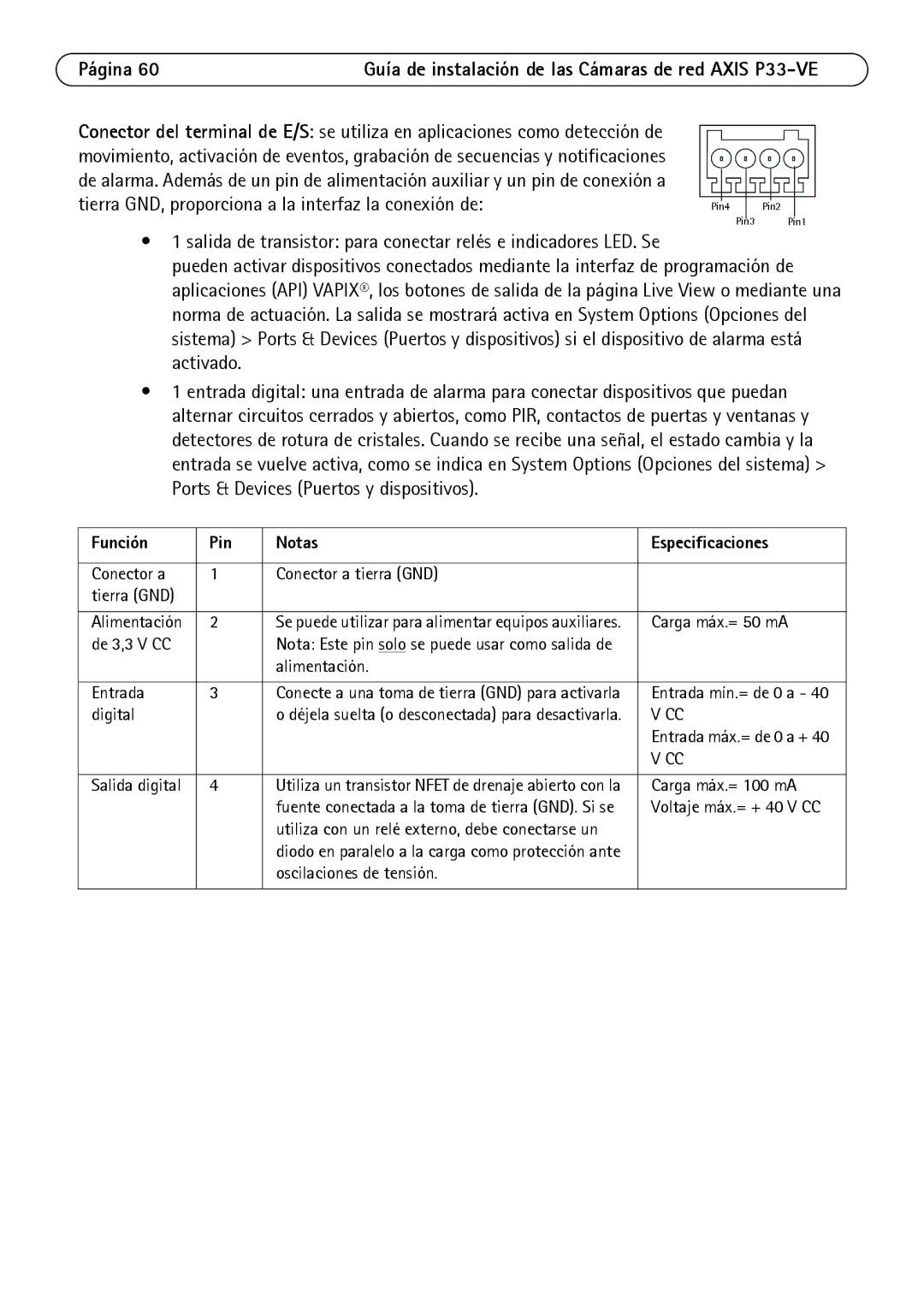 Axis Communications P3363-VE, P3364-LVE, P3364-VE manual Función Pin Notas Especificaciones, Voltaje máx.= + 40 V CC 