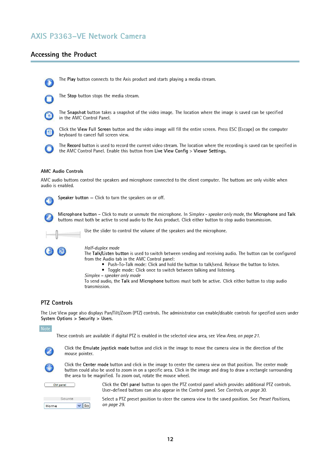 Axis Communications P3363-VE user manual PTZ Controls, AMC Audio Controls 