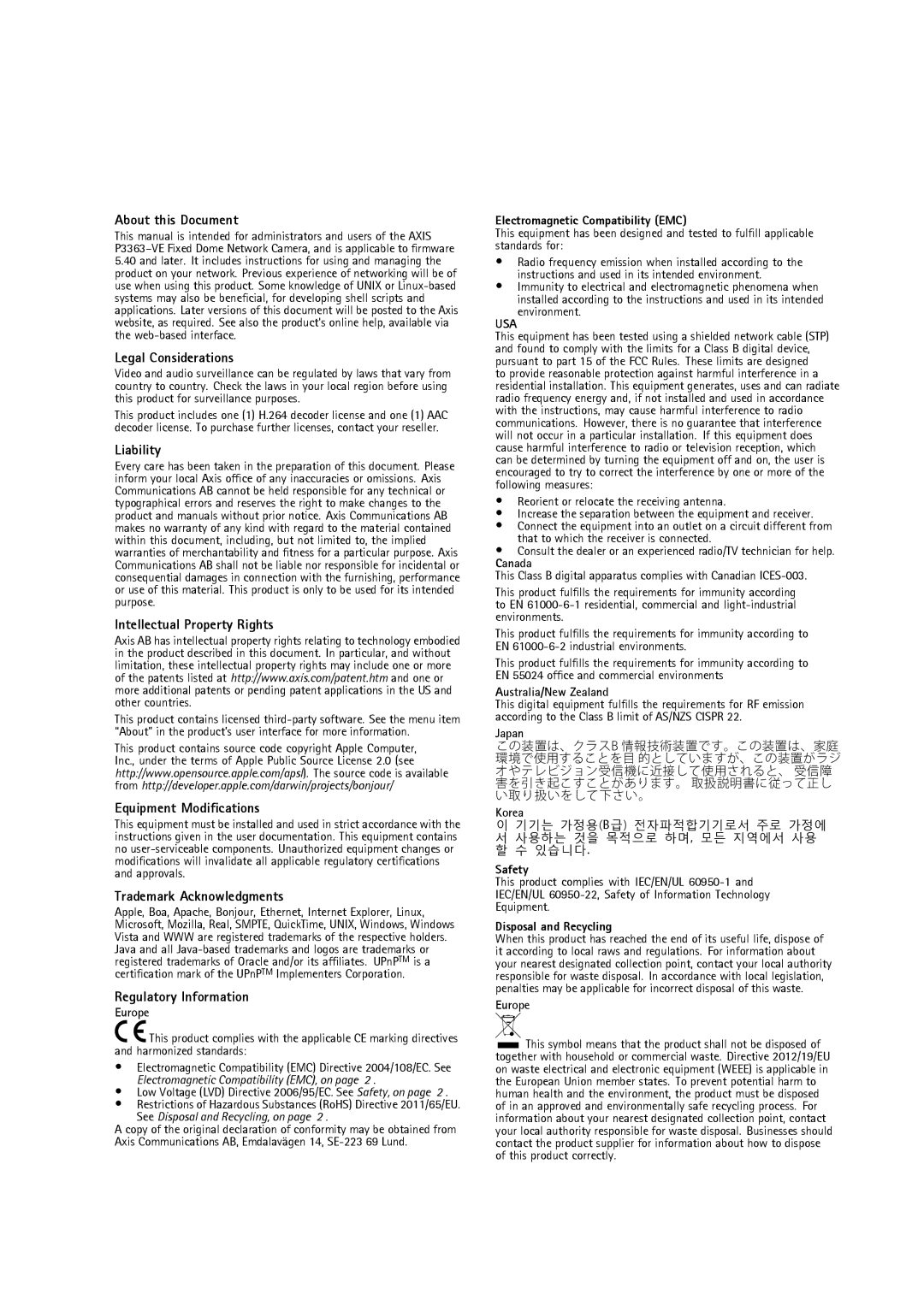 Axis Communications P3363-VE user manual About this Document, Legal Considerations, Liability, Intellectual Property Rights 