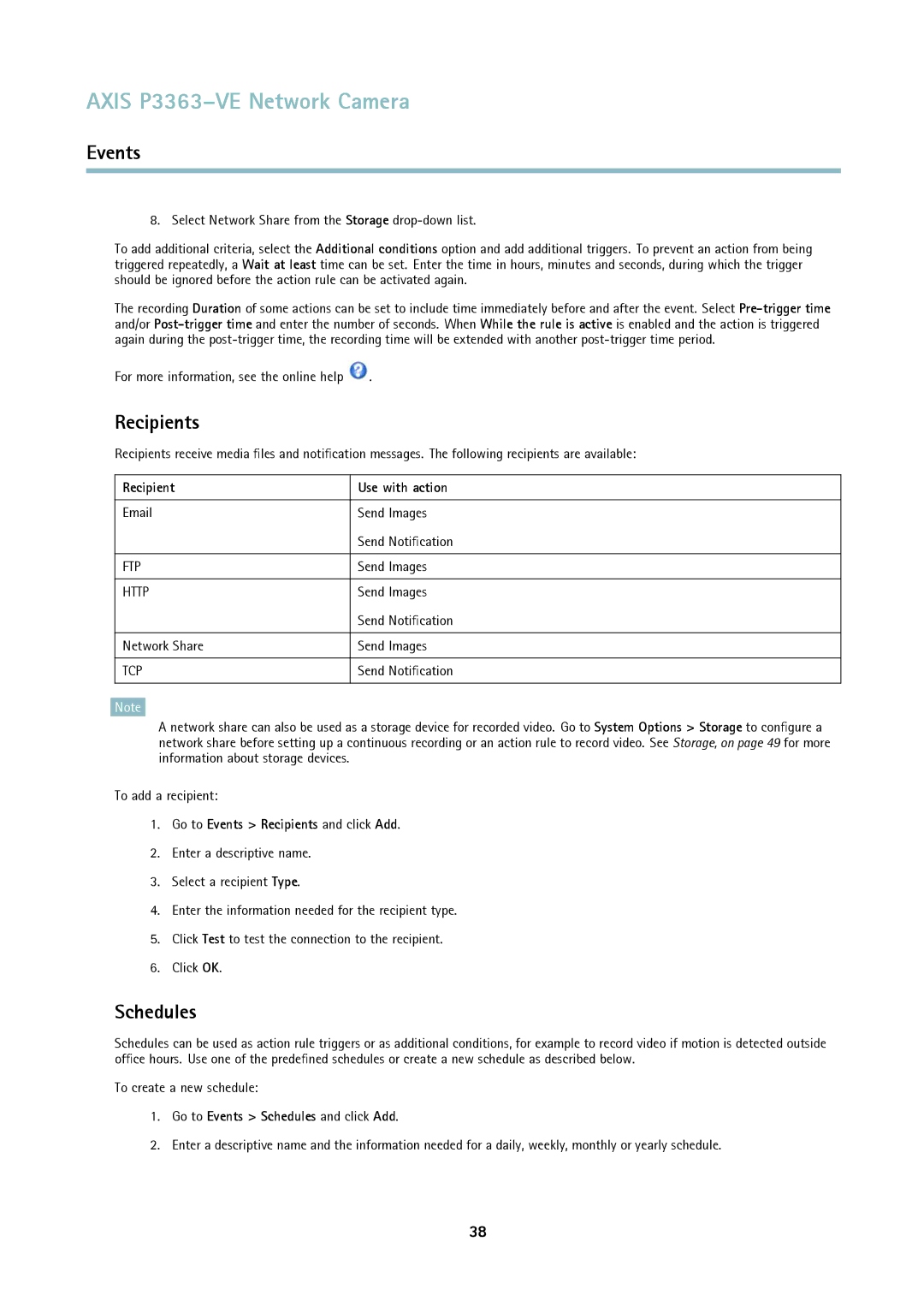 Axis Communications P3363-VE user manual Schedules, Recipient Use with action, Go to Events Recipients and click Add 