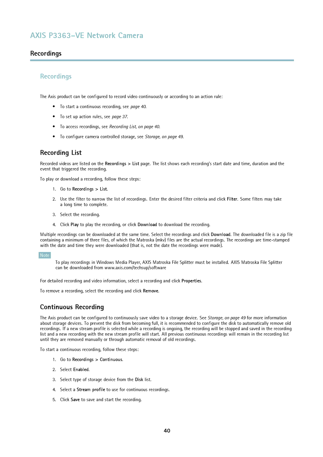 Axis Communications P3363-VE user manual Recordings, Recording List, Continuous Recording 