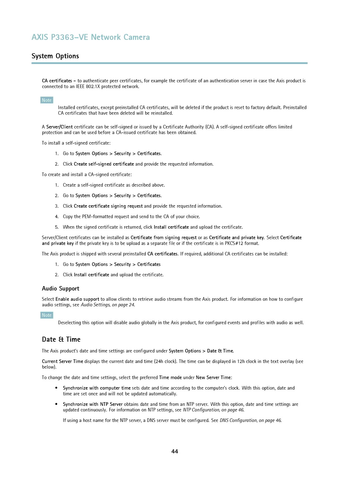 Axis Communications P3363-VE user manual Date & Time, Audio Support, Go to System Options Security Certificates 