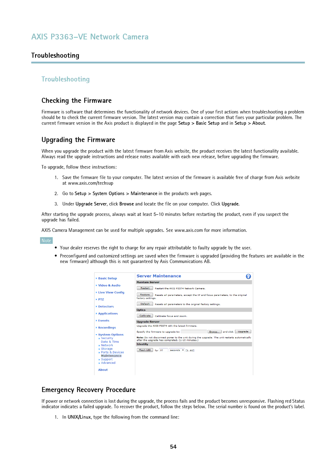 Axis Communications P3363-VE Troubleshooting, Checking the Firmware, Upgrading the Firmware, Emergency Recovery Procedure 