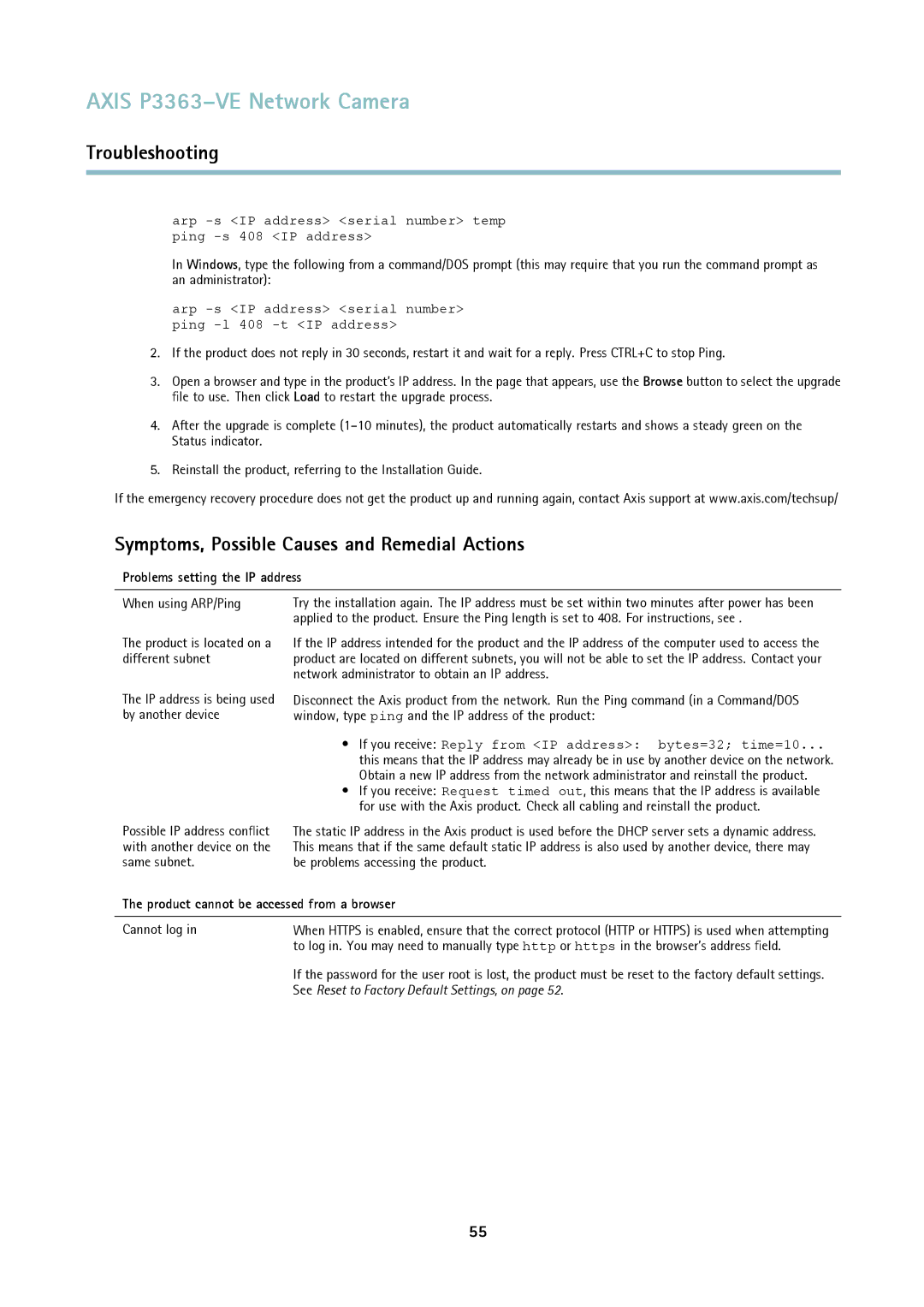 Axis Communications P3363-VE user manual Symptoms, Possible Causes and Remedial Actions, Problems setting the IP address 