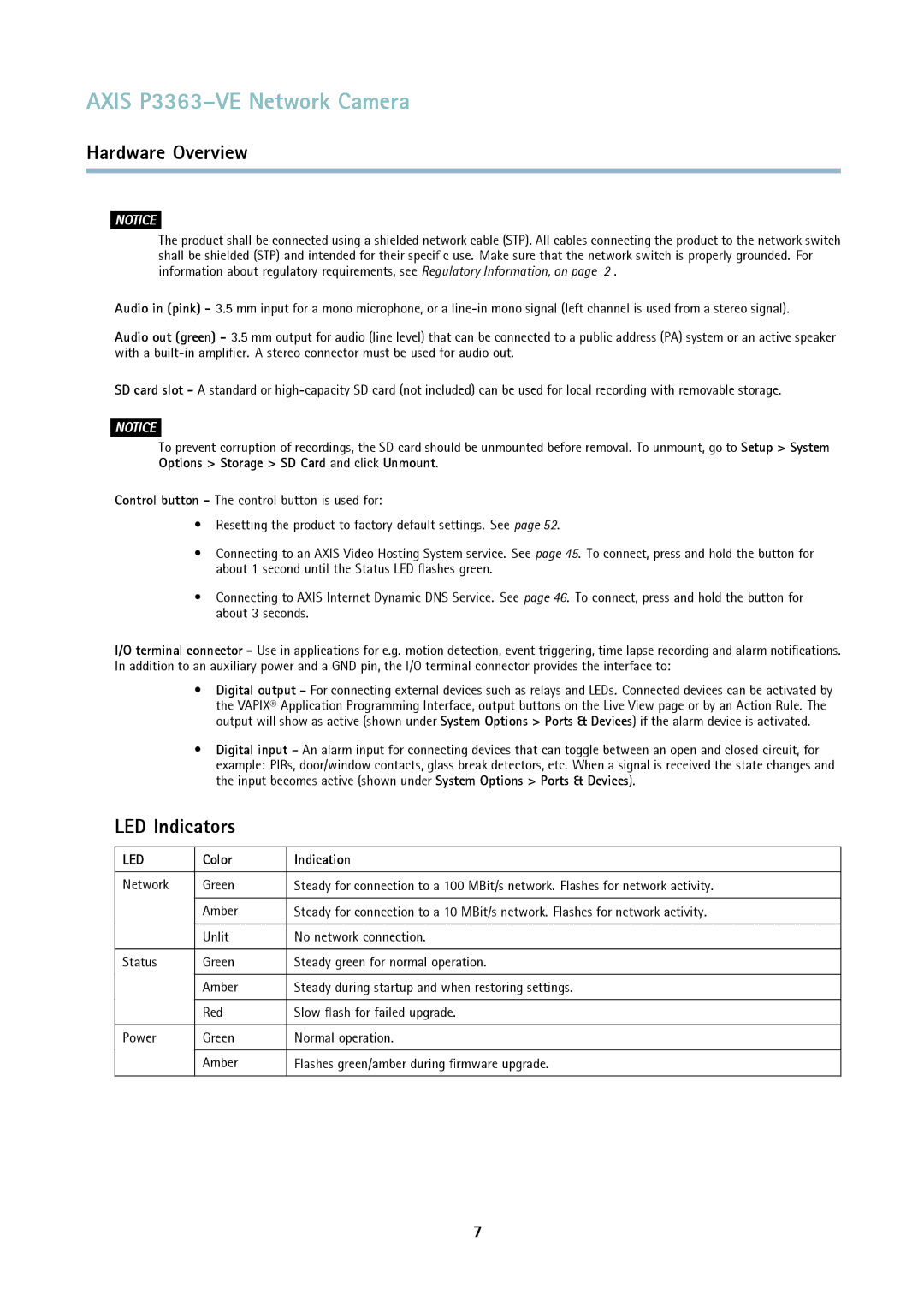 Axis Communications P3363-VE user manual LED Indicators, Color Indication 