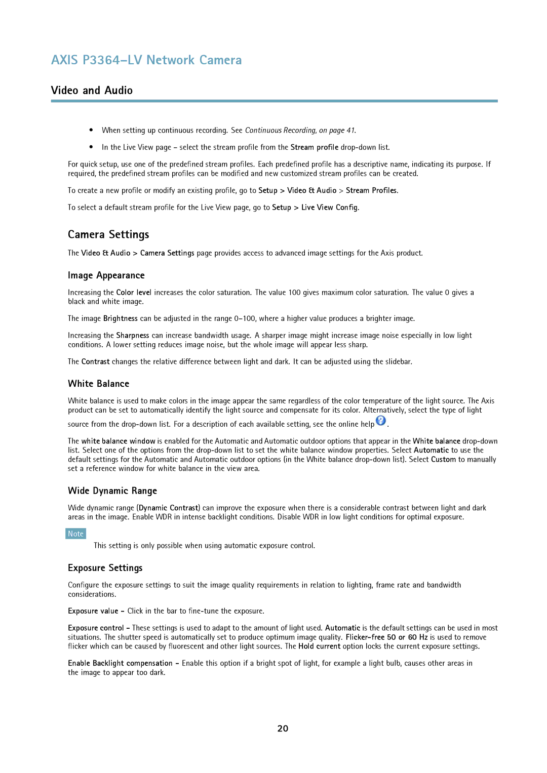 Axis Communications P3364-LV Camera Settings, Image Appearance, White Balance, Wide Dynamic Range, Exposure Settings 