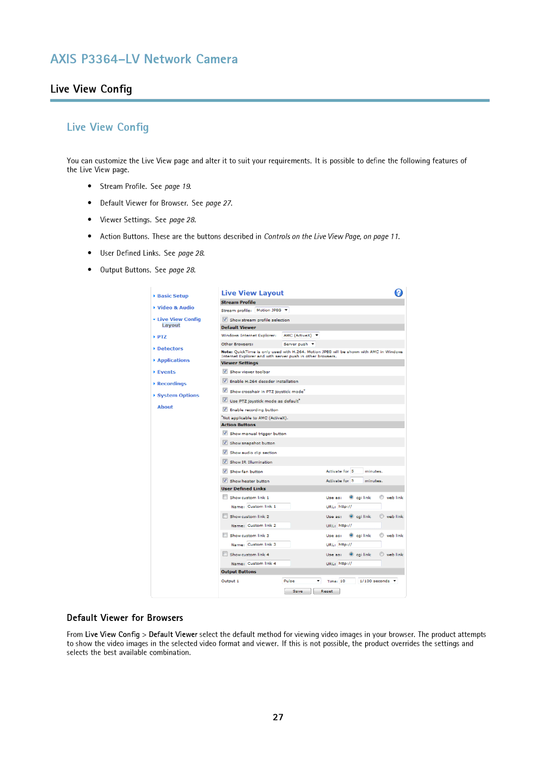 Axis Communications P3364-LV user manual Live View Config, Default Viewer for Browsers 