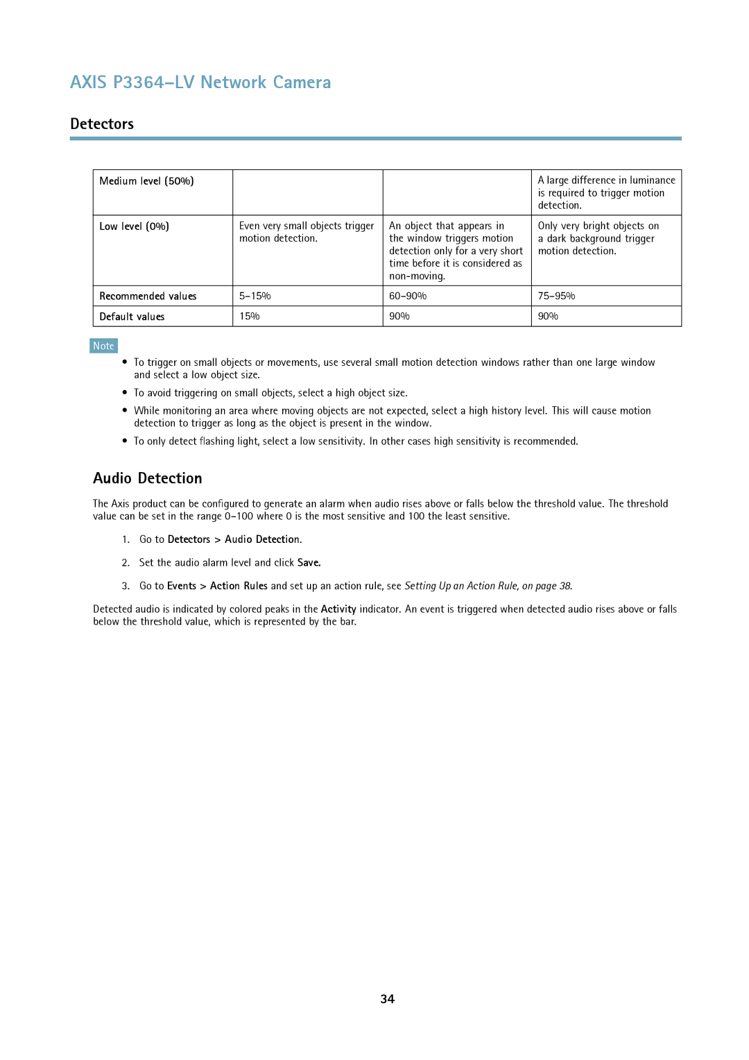 Axis Communications P3364-LV user manual Audio Detection 