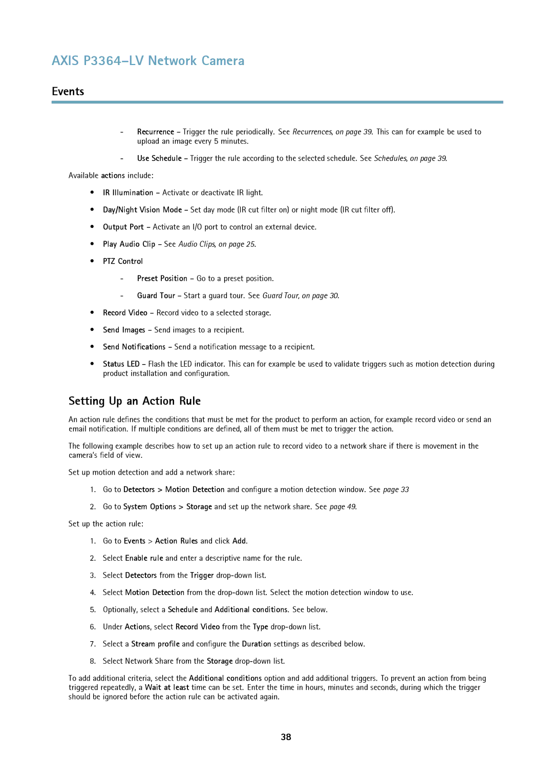 Axis Communications P3364-LV user manual Setting Up an Action Rule, PTZ Control, Go to Events Action Rules and click Add 