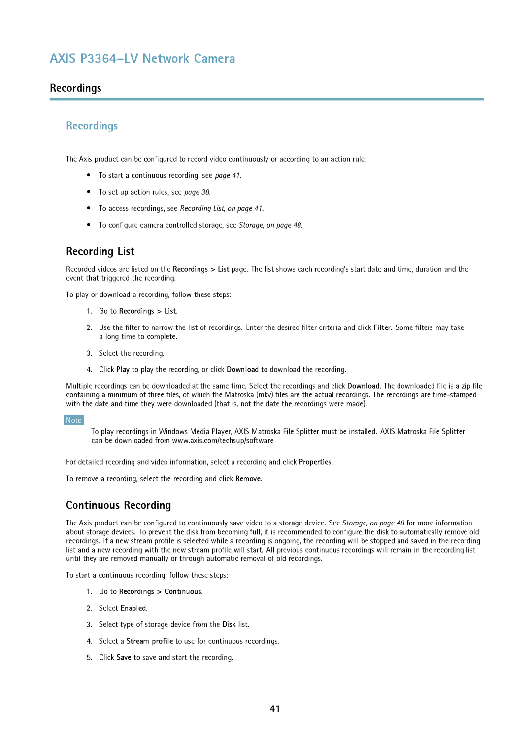 Axis Communications P3364-LV user manual Recordings, Recording List, Continuous Recording 